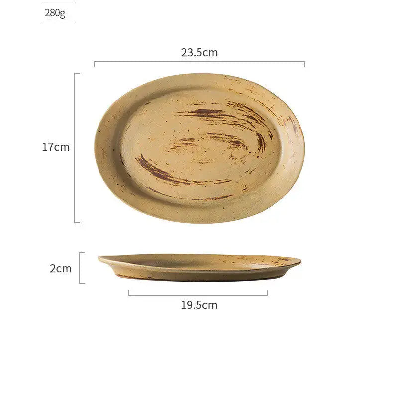 Dimensions of a Ceramic Vintage Plate by Zendrop, highlighting its oval shape and size for easy serving and presentation.
