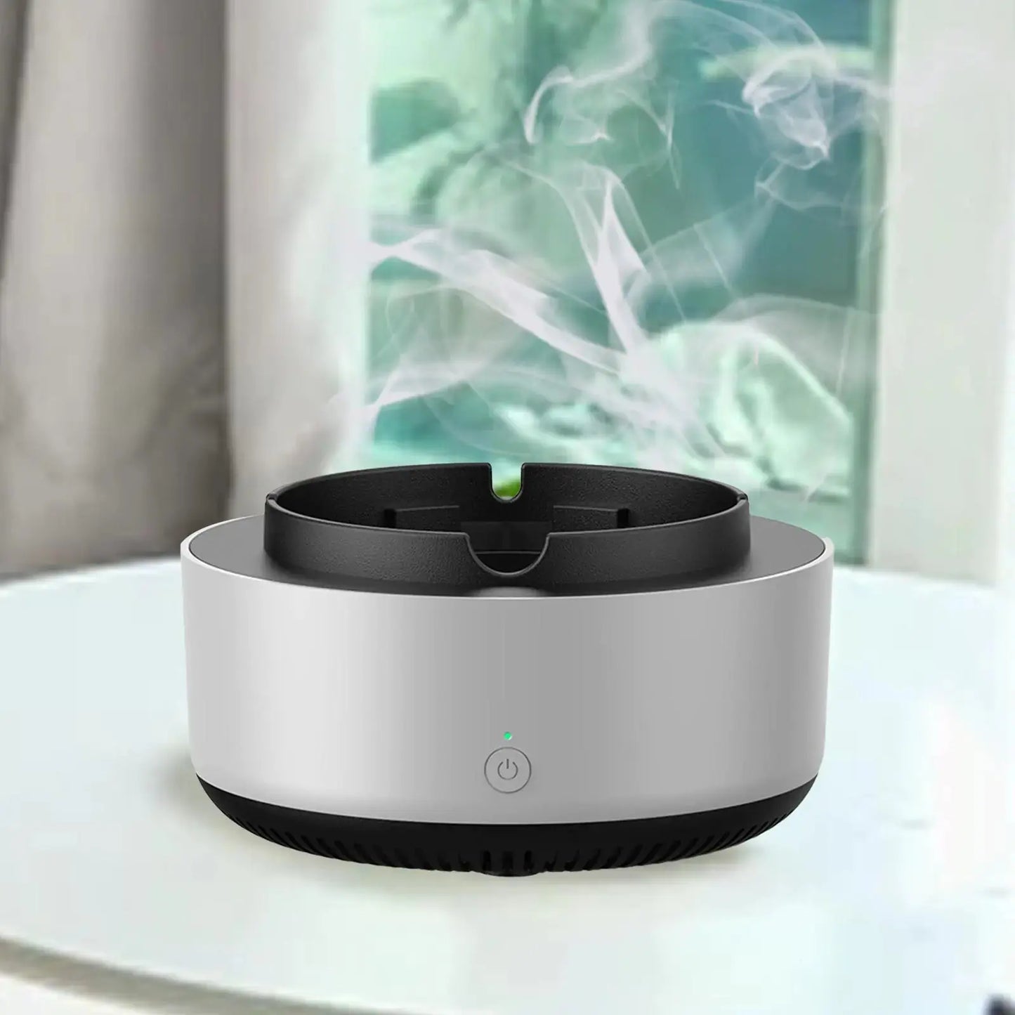 LuxeAura 2-In-1 Ashtray Air Purifier by Zendrop, featuring a sleek design with smoke rising, perfect for improving indoor air while adding aesthetic appeal.