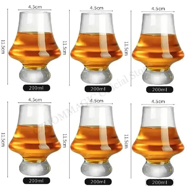Crystal Tasting Glasses by Zendrop illustrating a set of multiple glasses, each holding 200ml of whisky, designed for a sophisticated drinking experience.