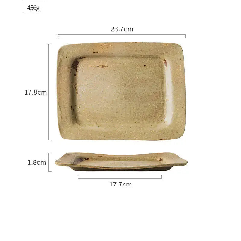 Detailed view of a rectangular Ceramic Vintage Plate by Zendrop, measuring dimensions, perfect for contemporary dining.