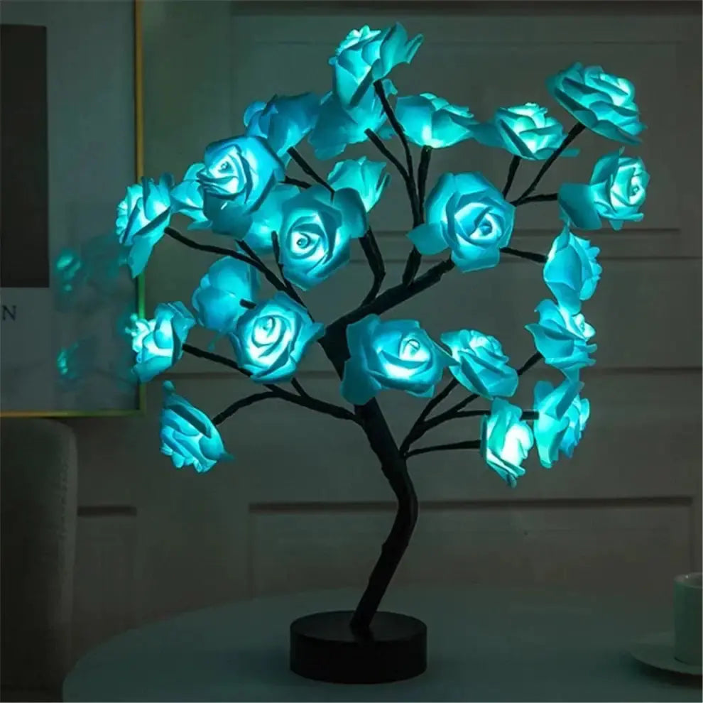 Blossom Bliss Glowing Rose Tree by Zendrop displaying vibrant blue glowing roses, perfect for modern decor and special occasions.