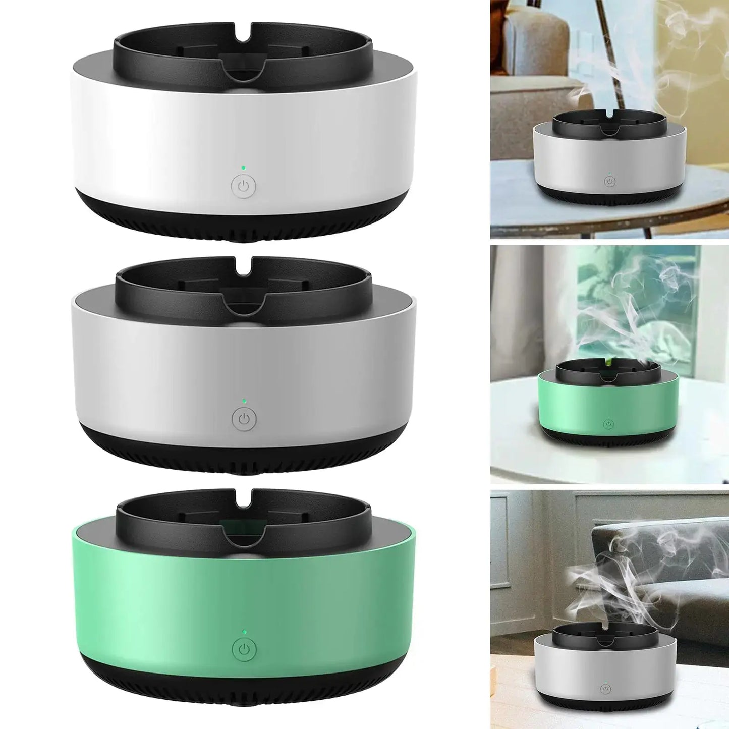 LuxeAura 2-In-1 Ashtray Air Purifier by Zendrop, showcasing three color variations including green and white, highlighting its elegant design and smoke-eliminating features in various indoor settings.