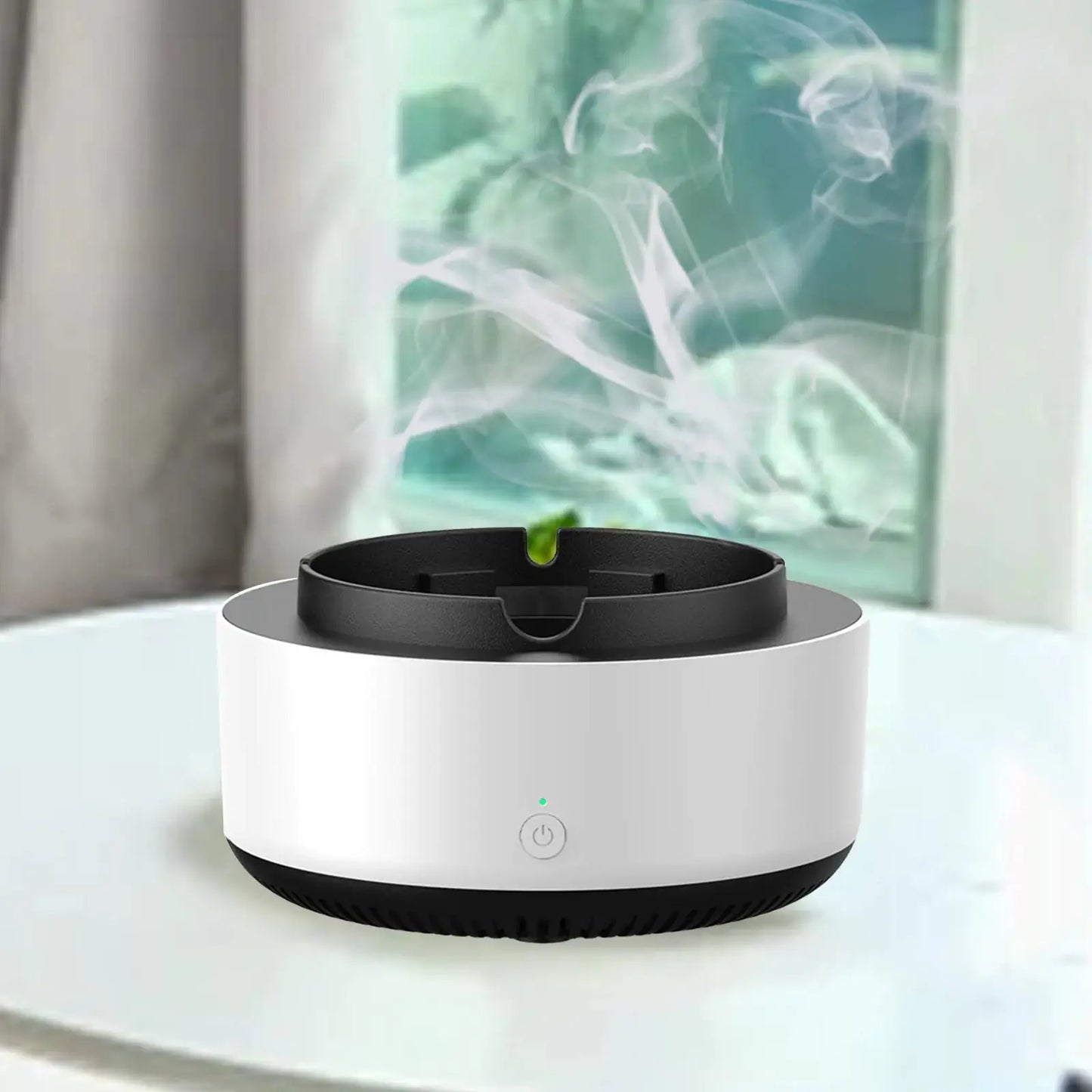 LuxeAura 2-In-1 Ashtray Air Purifier by Zendrop, elegantly displayed with smoke rising, demonstrating its functionality in enhancing air quality.