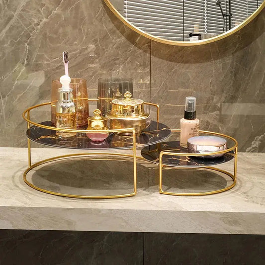 Elegant bottom marble glass plate storage rack by Zendrop showcasing a stylish arrangement of cosmetics and toiletries on a modern bathroom counter.