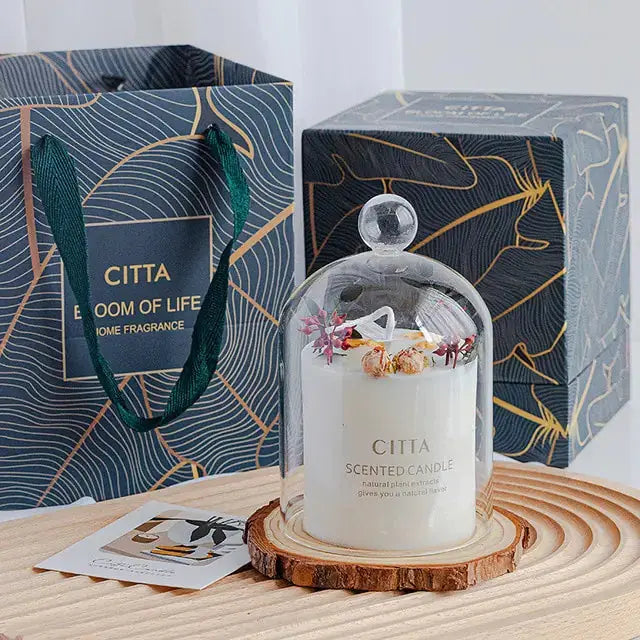 Creative Soy Wax Romantic Aromatherapy Candle by Zendrop, presented under a glass dome with an elegant gift box, perfect for gifting or home fragrance.