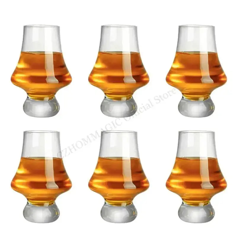 Set of six crystal tasting glasses from Zendrop, each filled with whiskey, highlighting their elegant shape for a sophisticated beverage tasting experience.