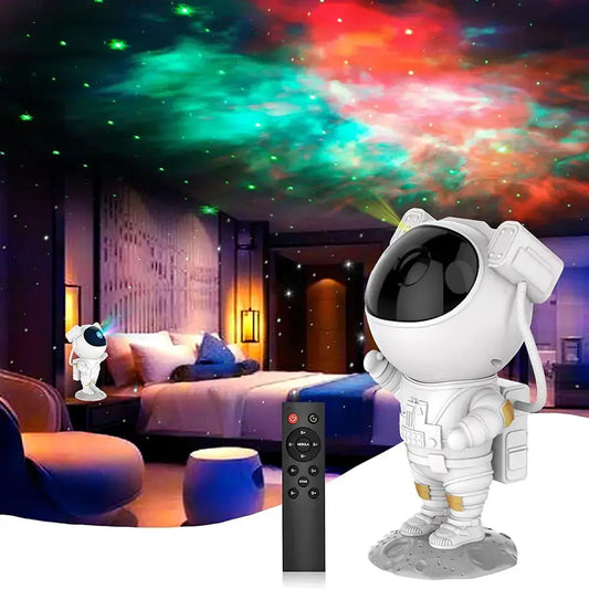 StellarGlow Astronaut Lamp by Zendrop projecting colorful nebula effects in a bedroom, creating a cozy ambiance.