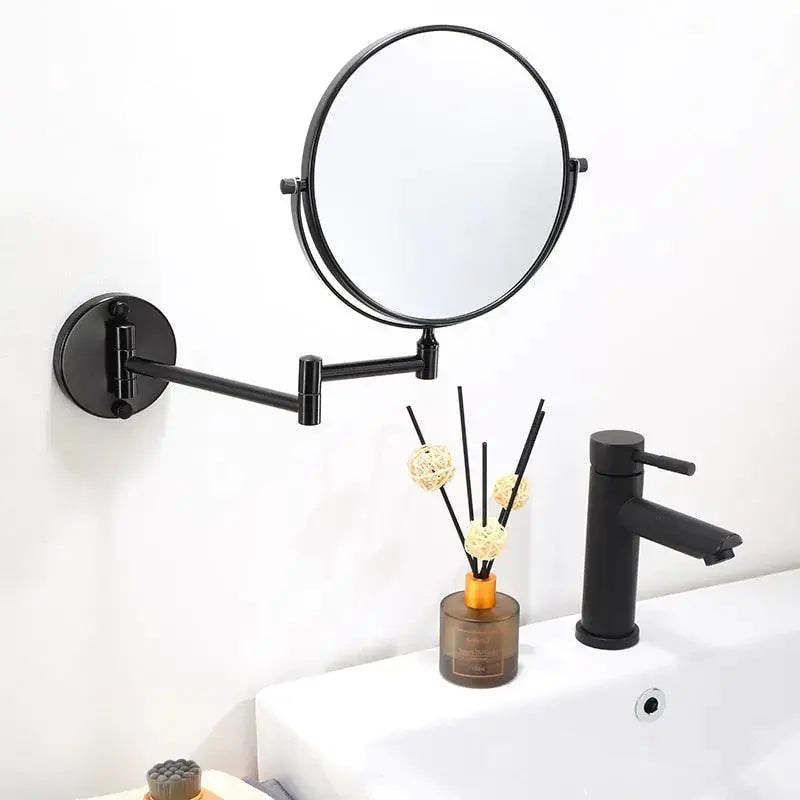Close-up view of the Detailed Maris Magnifying Mirror in a modern bathroom setting, highlighting its wall-mounted feature and elegant black finish, brought to you by Zendrop.